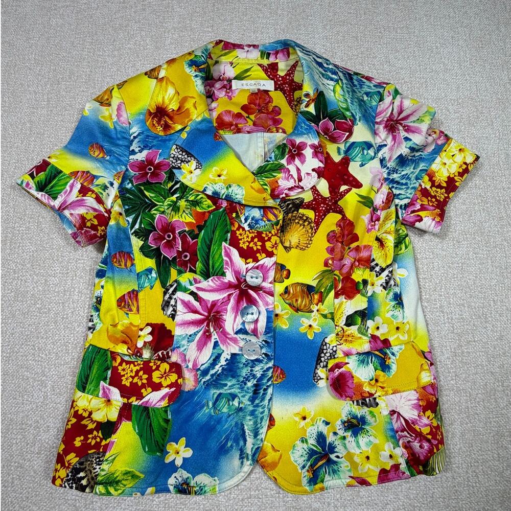 Escada Women 10 Hawaiian Print Short Sleeve Blazer Summer Cruise Resort Layering